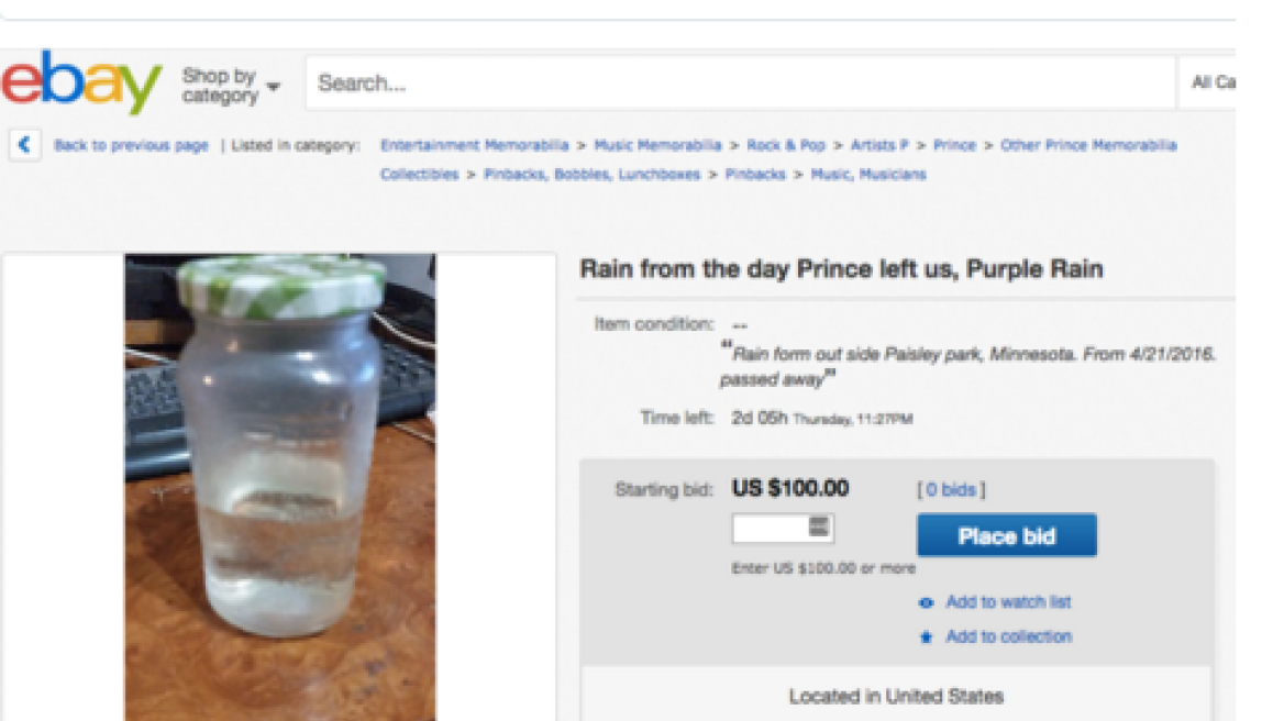 Πουλάνε στο eBay νερό της βροχής από την ημέρα που πέθανε ο Prince